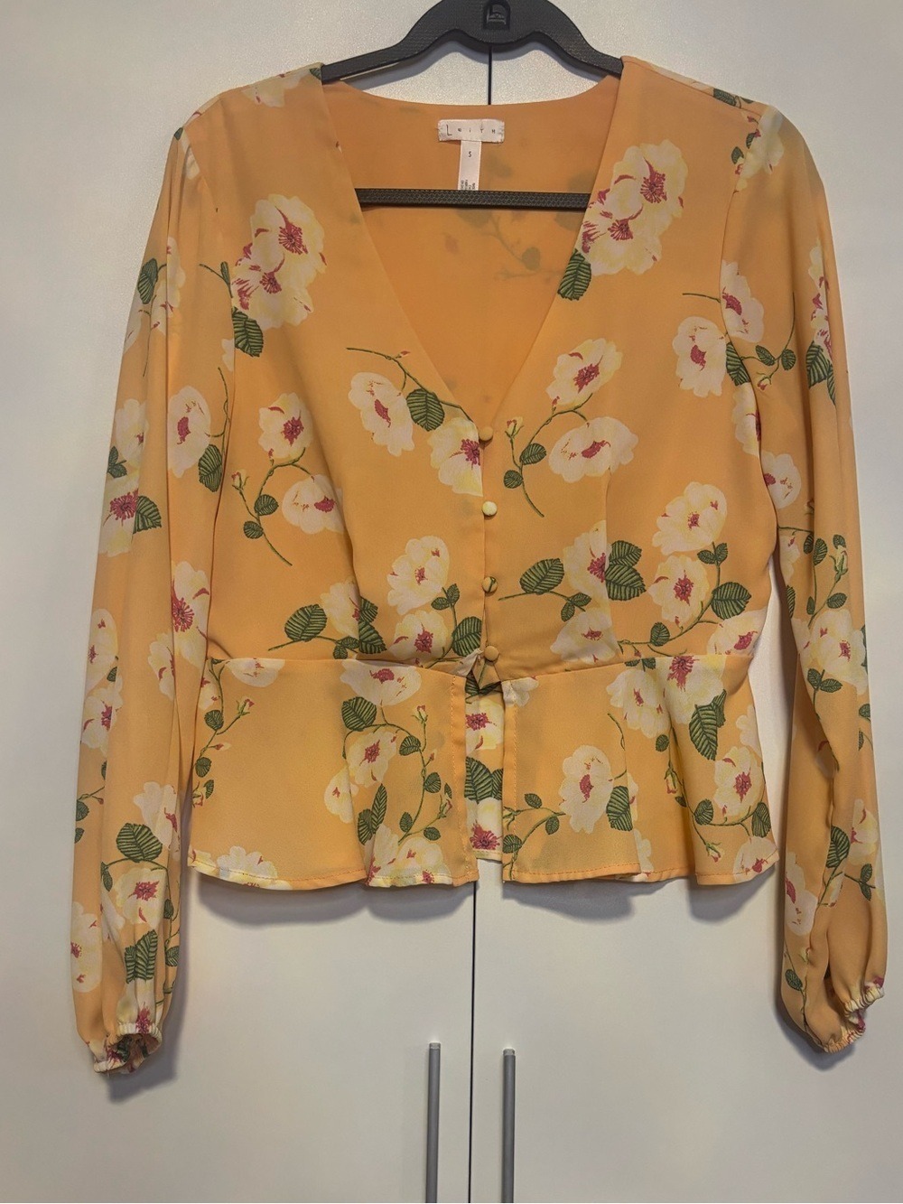 Leith Yellow Floral V-Neck Peplum Blouse